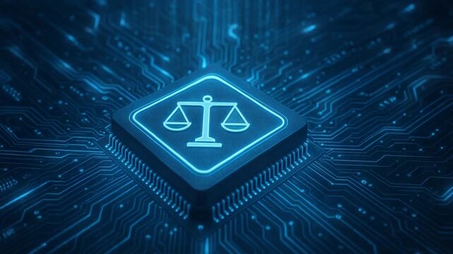 Microchip with glowing justice symbol at center of circuit board surrounded by digital lines, symbolizing law, tech systems, AI Governance, and Data Ethics concepts