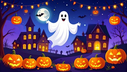 Spooky Halloween night with pumpkins, a haunted house, and bats under an autumn moon vector illustration