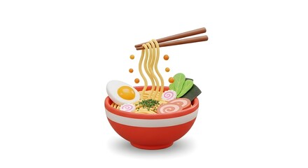 Delicious Bowl of Ramen Noodles with Toppings and Chopsticks in a Vibrant Red Bowl