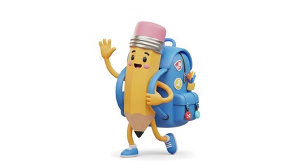 Cheerful Pencil Character with Backpack Ready for School Adventure