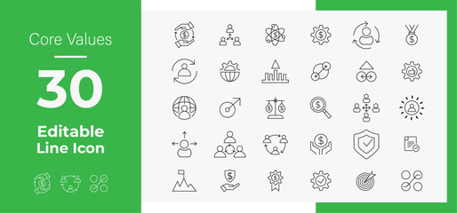 Editable Core Values outline line icon set for corporate business marketing company agency