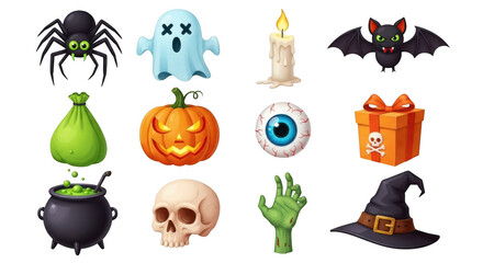 A collection of spooky halloween icons, featuring a spider, ghost, bat, pumpkin, skull, witchs hat, and a bubbling cauldron, on a transparent background