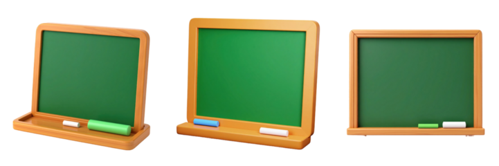 3D Plastic Style Icon Of Green Chalkboard With Wooden Frame and Chalk Pieces Isolated On Transparent Background