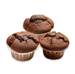 chocolate muffins stacked on transparent background.