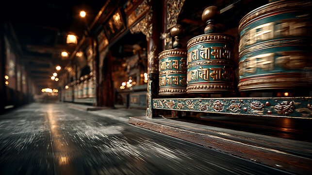 Row of ornate spinning prayer wheels in dimly lit hallway