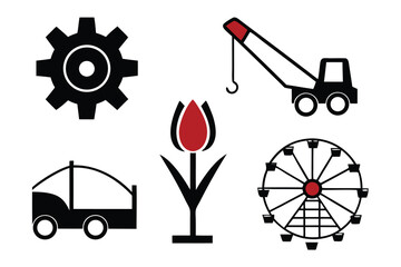 Black and white industrial and recreational icons set of silhouettes