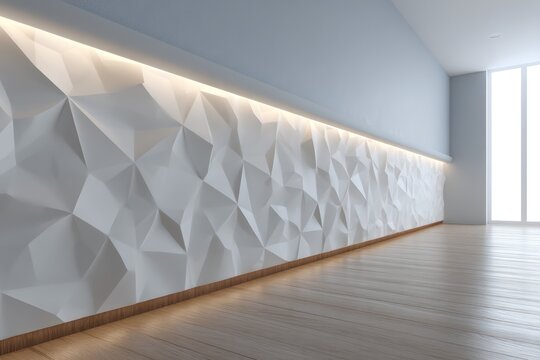 Structured polymer wall in white with random triangle reliefs rim lighting creating dramatic depth and contrast