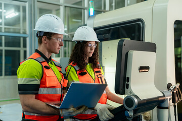 Two people wearing safety gear and looking at a laptop. Concept of Industry 4.0 with diverse engineers collaborating on automation technology.