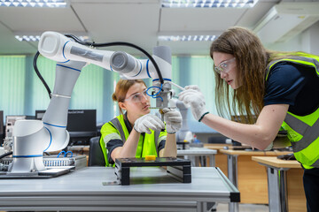 Two people are working on a robot. Concept of Industry 4.0 with diverse engineers collaborating on...