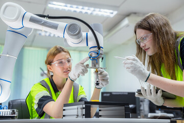 Two women are working on a robot. Concept of Industry 4.0 with diverse engineers collaborating on automation technology.