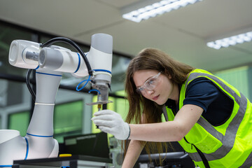 A woman wearing a yellow vest is working with a robot. Concept of Industry 4.0 with diverse...
