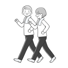 楽しくウォーキングするシニア夫婦 モノクロ
