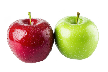 Two fresh ripe apples one red and one green with water droplets isolated on transparent background