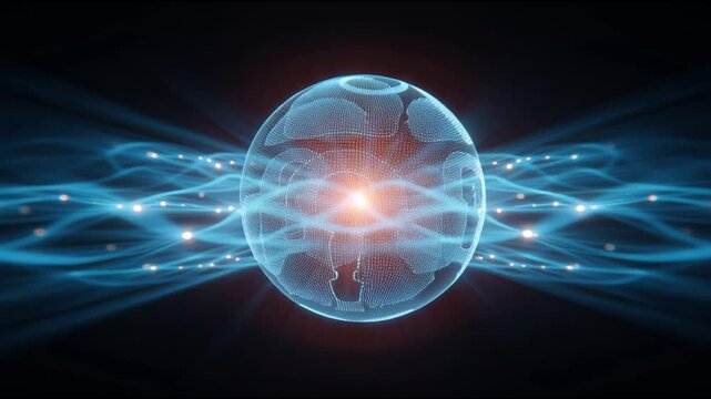 Abstract futuristic science background showcasing glowing blue orb of powerful energy. Its mysterious central core emanates radiant light waves and particle motion for quantum physics