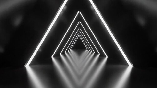 Futuristic Triangle Neon Tunnel with Reflections Black and White LED Lights Seamless Loop Glowing SciFi Corridor Abstract Techno Background Digital Cyber Geometric Symmetry VJ Loop Animation Lighting 