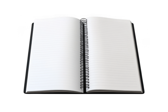 Open spiral bound notebook with blank lined pages for writing and note taking isolated on transparent background