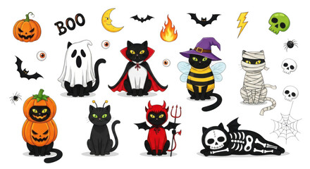 Fototapeta premium A variety of cute halloween characters including pumpkins, cats, ghosts, a bee witch, a devil, and a skeleton, on a transparent background