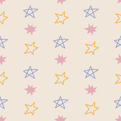Seamless vector pattern hand-drawn shabby stars on soft beige background. Design perfect for textiles, kids products, scrapbooking, wrapping paper, and nursery decor.