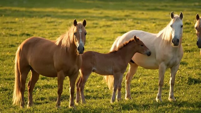 Brown mare and her foal grazing peacefully in a green summer meadow