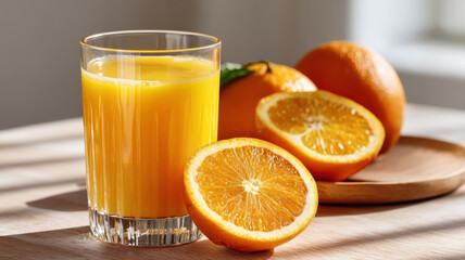 Glass of fresh orange juice with sliced oranges in sunlight