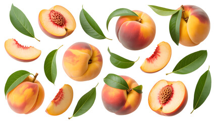 set of peach fruit with half slice and green leaves isolated on transparent white background