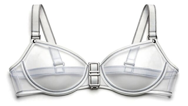 Stylish clear bra with white straps laid out on a white surface for fashion or lingerie concept