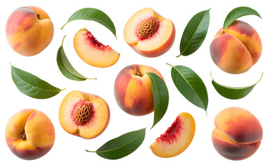 set of peach fruit with half slice and green leaves isolated on transparent white background