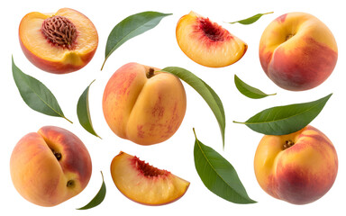 set of peach fruit with half slice and green leaves isolated on transparent white background
