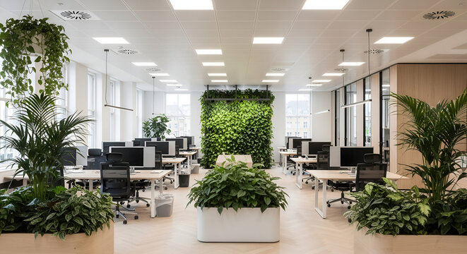 Modern biophilic office interior with a lush green living wall, abundant plants, and contemporary workstations for a healthy and productive work environment.