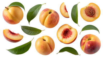 set of peach fruit with half slice and green leaves isolated on transparent white background
