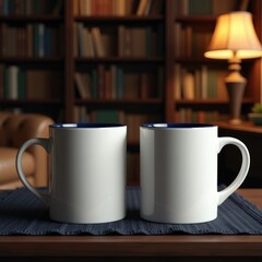 Mug mockup two white mugs with blue interiors sitting on a table in front of a bookshelf and a lamp shade