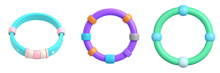 Colorful 3D Plastic Style Bracelets Isolated on Transparent Background Featuring Turquoise Purple and Green Color with Pink Blue and Orange Accents