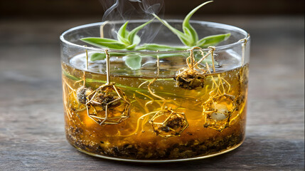 with smoke tendrils rising and geometric garnishes suspended above the glass