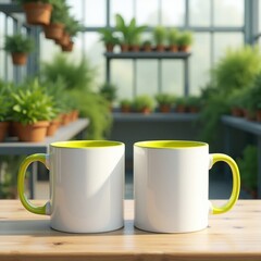Obraz premium Mug mockup two white mugs with green interiors on a wooden surface in a greenhouse with plants behind them
