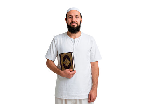 Man in traditional attire holding a quran on transparent background, PNG