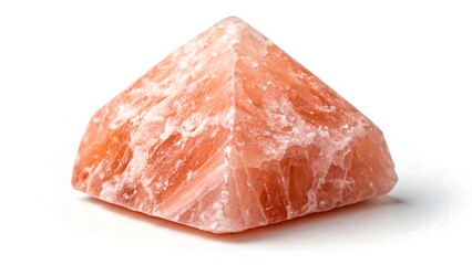Himalayan salt lamp pyramid shape glows with soft light on a white background