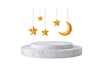 Marble pedestal with hanging gold stars and moon decor on transparent background, PNG