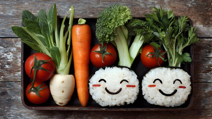 with animated rice animals and glowing vegetables forming adorable expressions