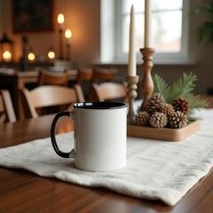 Mug mockup a white mug with a green handle sitting on a surface with plants in terracotta pots in the background
