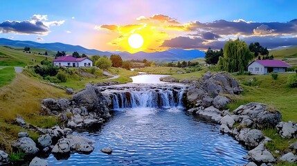 Sunset Landscape with Cascading Waterfall and Houses