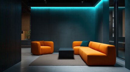 Vibrant neon-accented living room with matte black backdrop glowing teal strip lighting orange lounge furniture top-right directional spotlight with