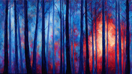 Obraz premium of glowing glass trees with rainbow mist floating across the forest floor