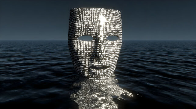 mask with glowing eyes above a binary sea