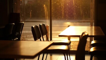 Empty cafe tables and chairs by a window on a rainy day - Powered by Adobe
