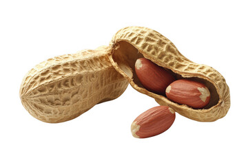 Close up of a cracked peanut shell revealing three red skinned peanuts isolated on transparent background