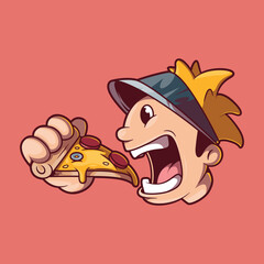 Character Holding Pizza Slice with Mouth Open vector illustration. Food, mascot design concept.
