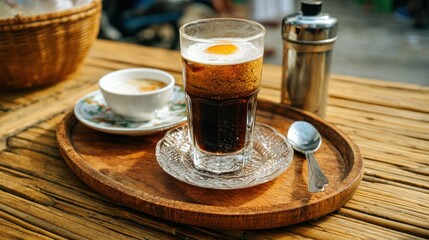 Iced coffee on a wooden tray
