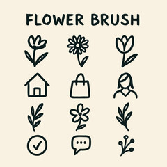 Floral Brush and Plant Icon Set – Nature, Garden, Leaves, Flowers, Decorative Elements for Branding and Design

