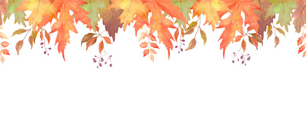 Seamless watercolor border with  maple leaves, berries. Autumn background. For greeting cards, invitations. Vector EPS.