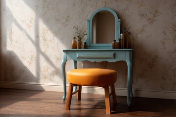 Vintage vanity setup with powder blue mirror frame tangerine stool floral wallpaper in soft focus warm top-down lighting casting
